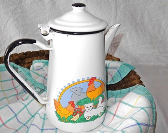 Boîtes de thé/lait/café/pichet en émail français avec couvercle/animal de campagne/pichet en métal/vintage des années 1950