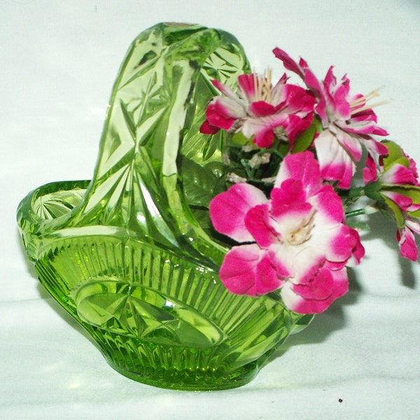 Bohemian glass basket, vintage green glass 70s