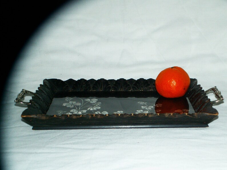 Wooden Carved TrayGlassEngraved Metal Handle1960s