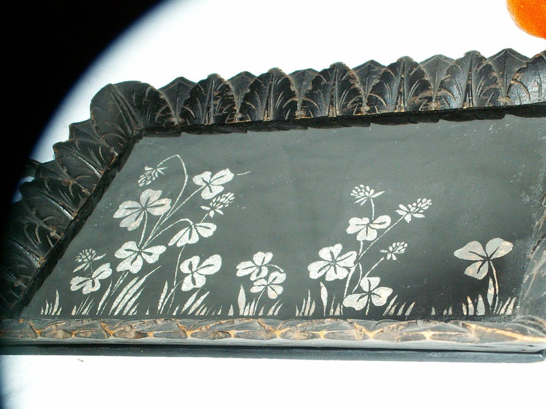 Wooden Carved TrayGlassEngraved Metal Handle1960s