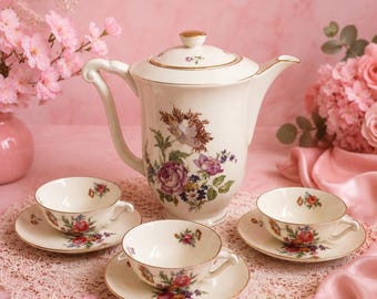 Antique White and Gold Espresso/mokka Set. Weimar Porcelain, Katharina Pattern. Hand Painted Floral Gold Trim
