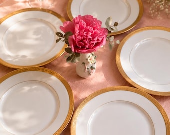 Set of 5 Antique Limoges Porcelain Plates – Double Gold Gilt – Limoges Unic Paris – 24 cm / 9.4” – French Vintage Tableware