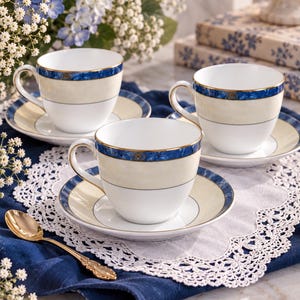 Wedgwood Alexandria 3 Teacups & 3 Saucers Set – Fine Bone China – Blue Ivory Gold – English Tea Set