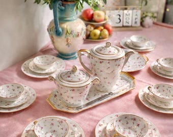 Antique Limoges G. Boyer & Cie Tea Set for 7 – 24 Piece French Porcelain Tea Service – Pink Floral Gold – Rare Complete Set