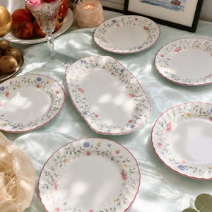 Peut inclure: Ensemble d'assiettes en céramique blanche avec un motif floral et un bord festonné rouge. Les assiettes sont disposées sur une nappe bleu clair, avec divers objets décoratifs en arrière-plan.