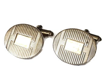 Gold Tone Cufflinks Oval Etched Style Vintage Cuff Links Bent Shank, Men's Accessories, Groomsman, Football Shiny Gold Cufflinks