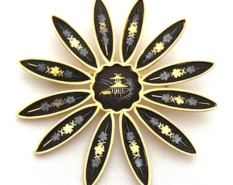 Damascene Flower Brooch Amita Sunburst Pagoda Pin Black Gold Etched Pinwheel Starburst