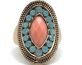 Gold Tone Peach Turquoise Blue Colored Medallion Ring, Faceted Pink Oval Braided Frame Statement Ring Size 8