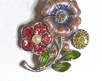 Vintage Floral Enamel Brooch Pin With Rhinestones & Faux Pearls