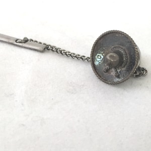 Vintage Sterling Silver Sombrero Hat Tie Tack with Safety Chain, Mexican Hat Tie Clasp, Lapel Pin, Brooch, Men&#39;s Accessory, Steampunk Mexico