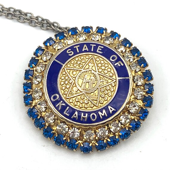 State of Oklahoma Necklace, Blue and Gold Bling R… - image 1