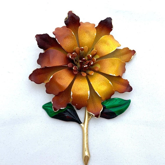 Big Orange 3D Flower Brooch Fall Colors Vintage E… - image 10