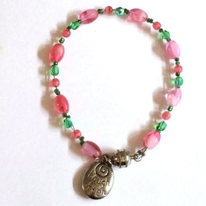 Beaded Pink and Green Crystal Bracelet, Pastel Lime and Mauve Beaded Laugh Often image 4