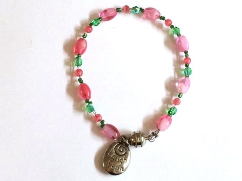 Beaded Pink and Green Crystal Bracelet, Pastel Lime and Mauve Beaded Laugh Often image 4