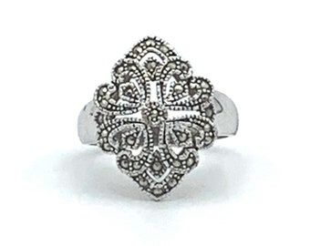 Art Nouveau Marcasite Silver Scrollwork Ring, Openwork Swirls Silvertone Ring, Size 9.75 Statement Filigree