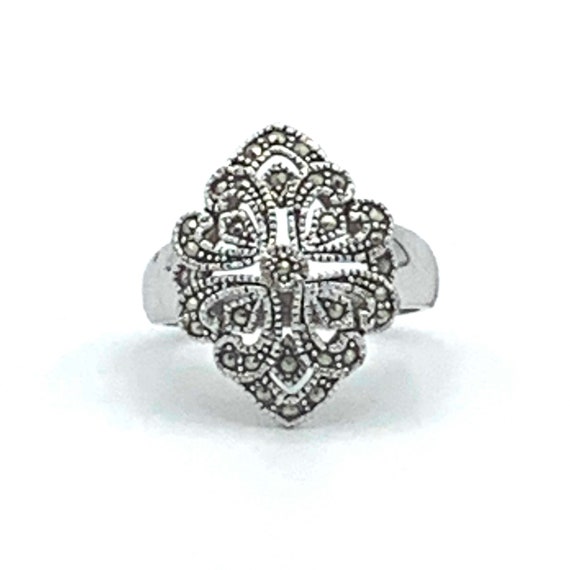 Art Nouveau Marcasite Silver Scrollwork Ring, Openwork Swirls Silvertone Ring, Size 9.75 Statement Filigree