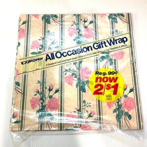 Vintage Floral All Occasion Gift Wrap Pink Roses & Green Stripes Flat Wrapping Paper