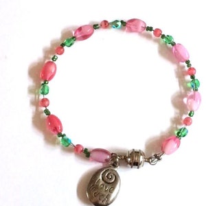 Beaded Pink and Green Crystal Bracelet, Pastel Lime and Mauve Beaded Laugh Often image 1