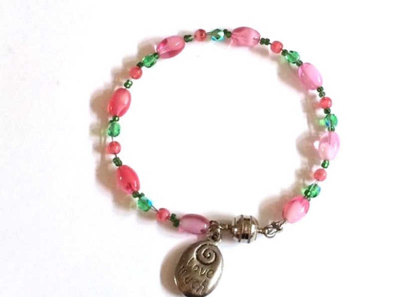 Beaded Pink and Green Crystal Bracelet, Pastel Lime and Mauve Beaded Laugh Often image 1