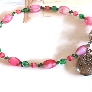 Beaded Pink and Green Crystal Bracelet, Pastel Lime and Mauve Beaded Laugh Often image 5