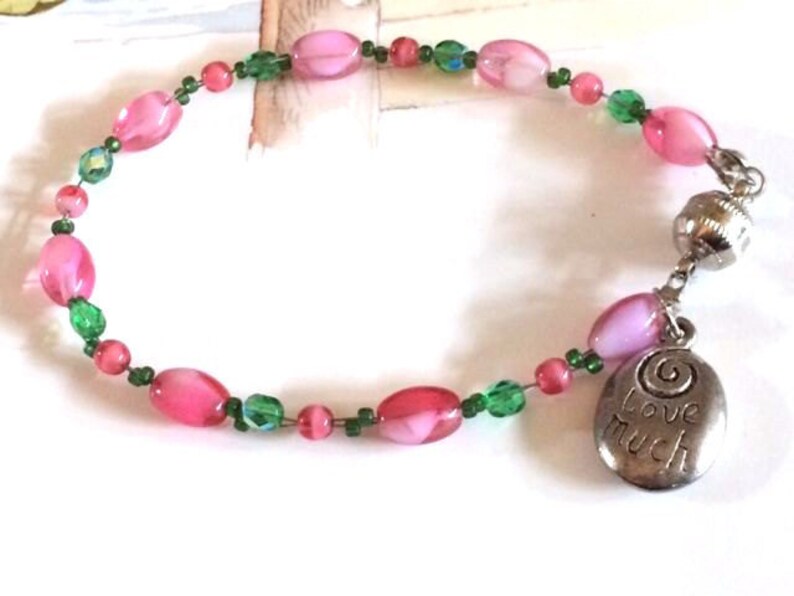 Beaded Pink and Green Crystal Bracelet, Pastel Lime and Mauve Beaded Laugh Often image 5