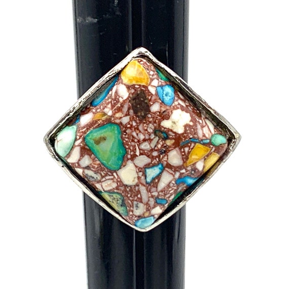 Colorful Tilted Square Ring Silver Tone Rhombus S… - image 1