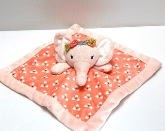 Pink Elephant Lovey Security Blanket Peach Floral Flowers 12