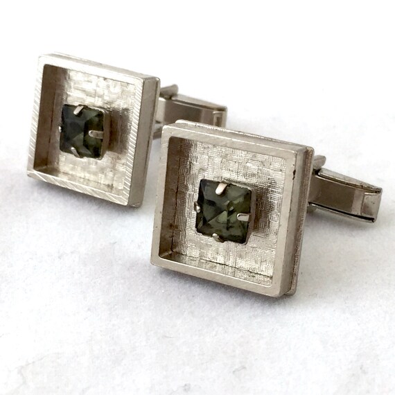 Silver Tone Square Inset Green Stone Cufflinks, S… - image 2