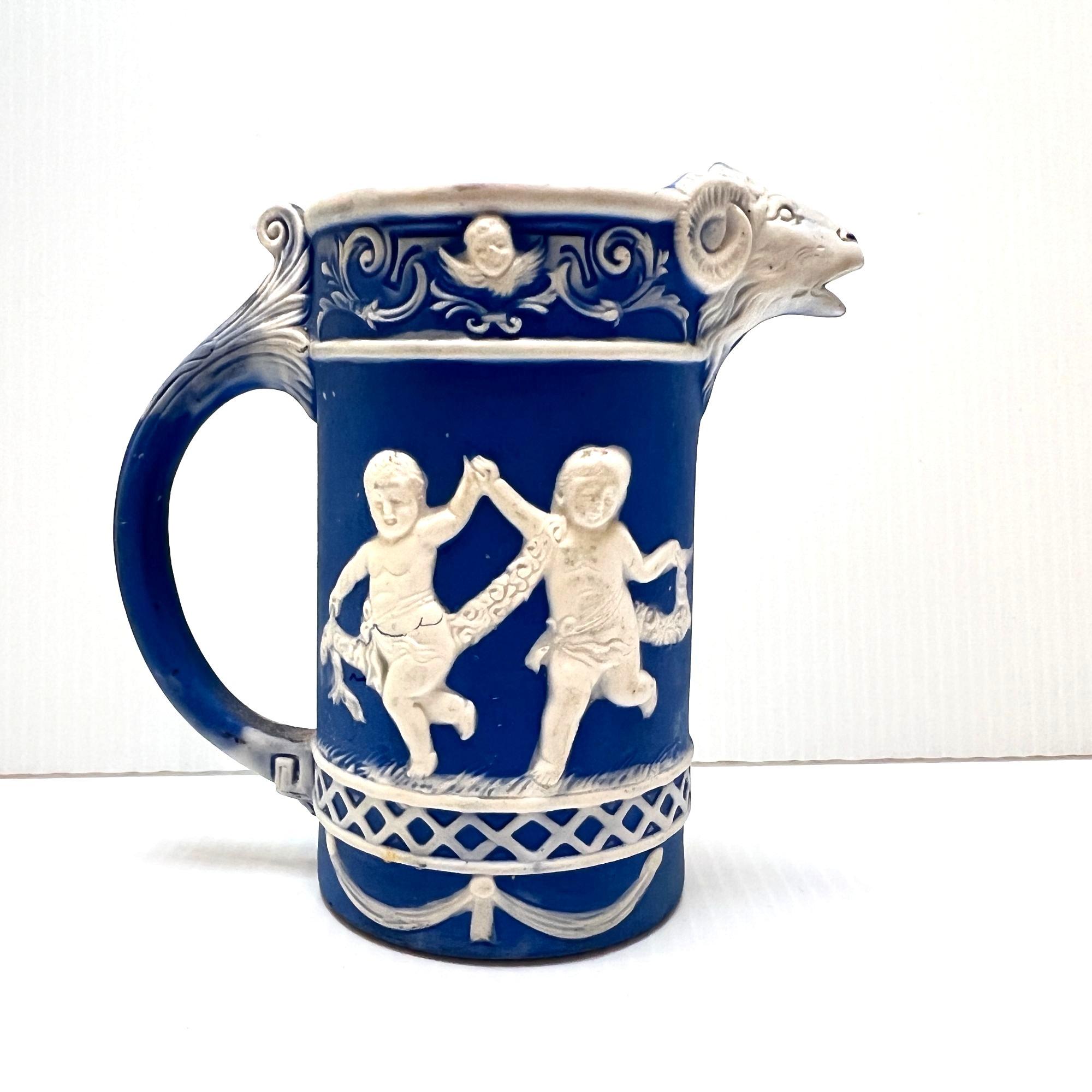 Vintage Schafer & Vater Rams Head Jasperware Pitcher Blue White