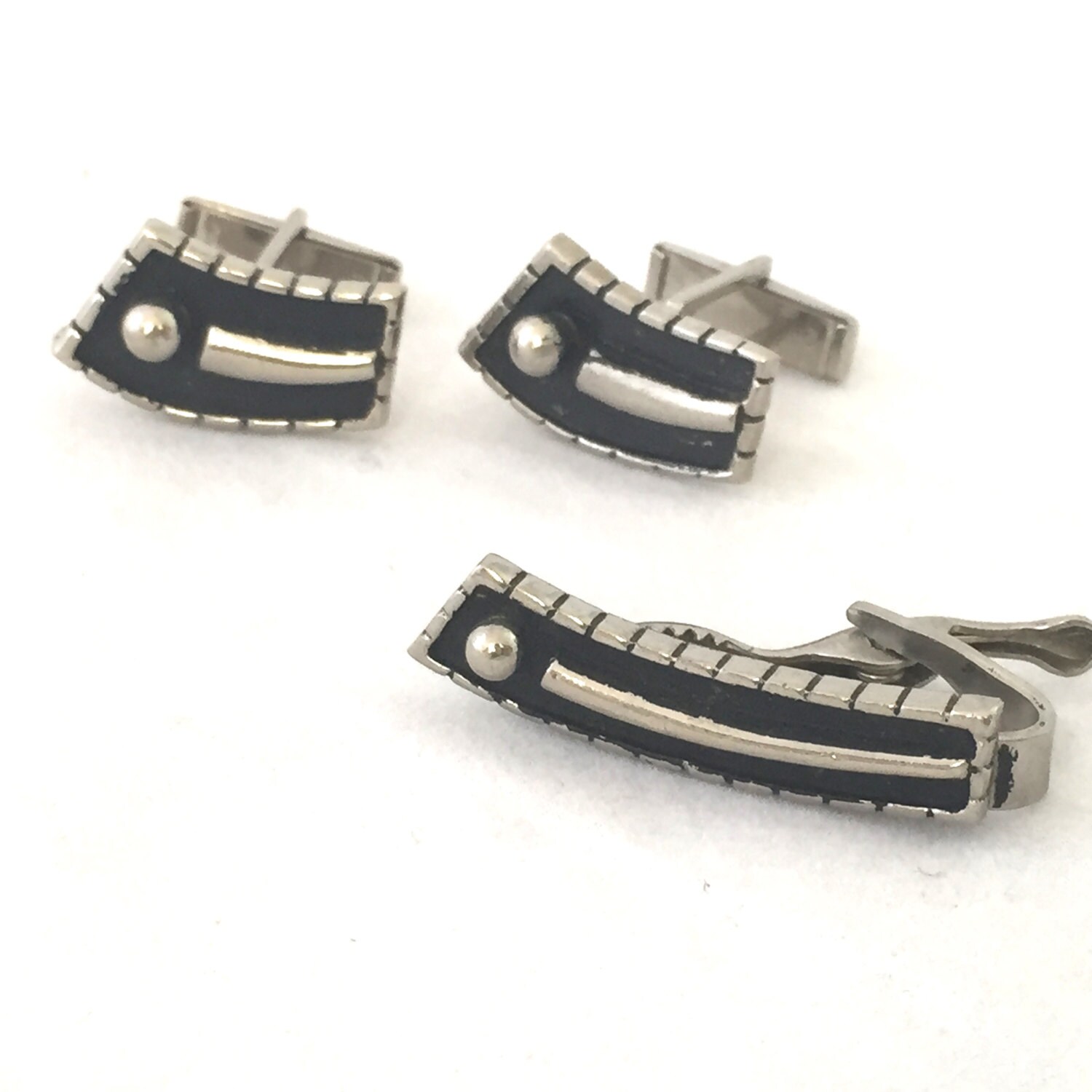 Vintage Art Deco Cufflinks and Tie Bar Set Mid Century Modern Etsy