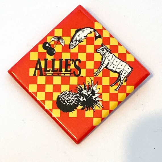 Square Allie's Pinback Button Pin Red Yellow Cow Fish Cherries Pineapple Restaurant Store Butcher Shop