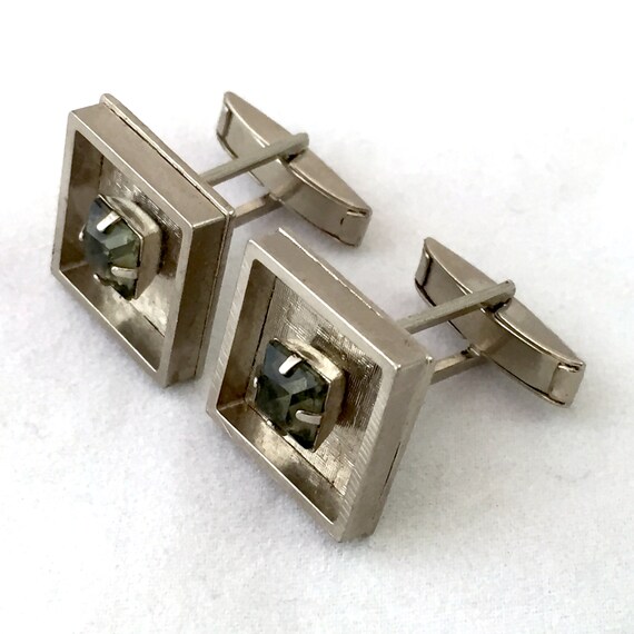 Silver Tone Square Inset Green Stone Cufflinks, S… - image 3