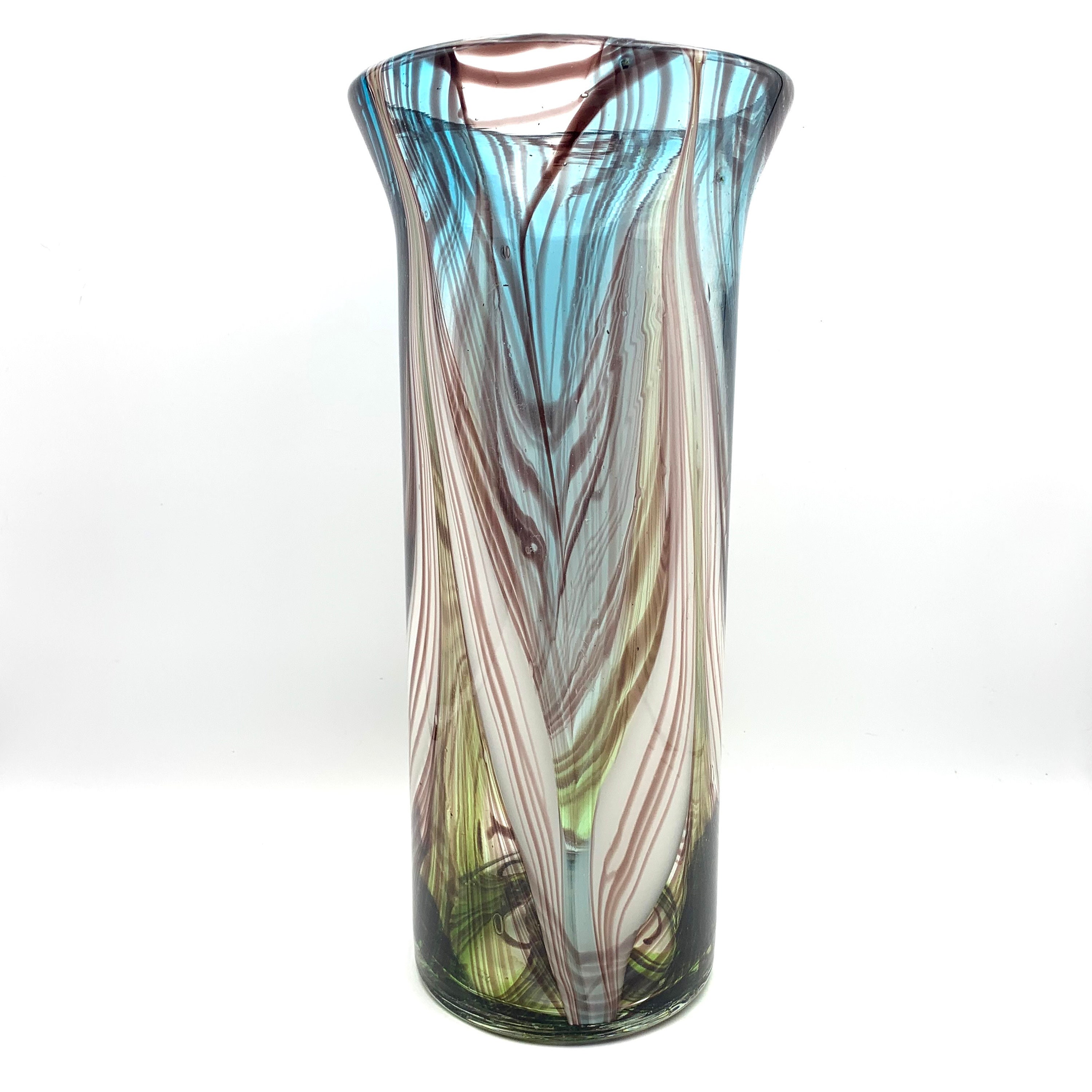 Tall Blown Glass Vase Handmade Swirl Blue Green Brown White Etsy