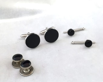 Zilverkleurige zwarte Tuxedo manchetknopen knop set, zilverkleurige Swank ronde manchetknopen, shirt studs, Tux sieraden, herenaccessoires, zwarte stropdas