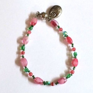 Beaded Pink and Green Crystal Bracelet, Pastel Lime and Mauve Beaded Laugh Often image 3