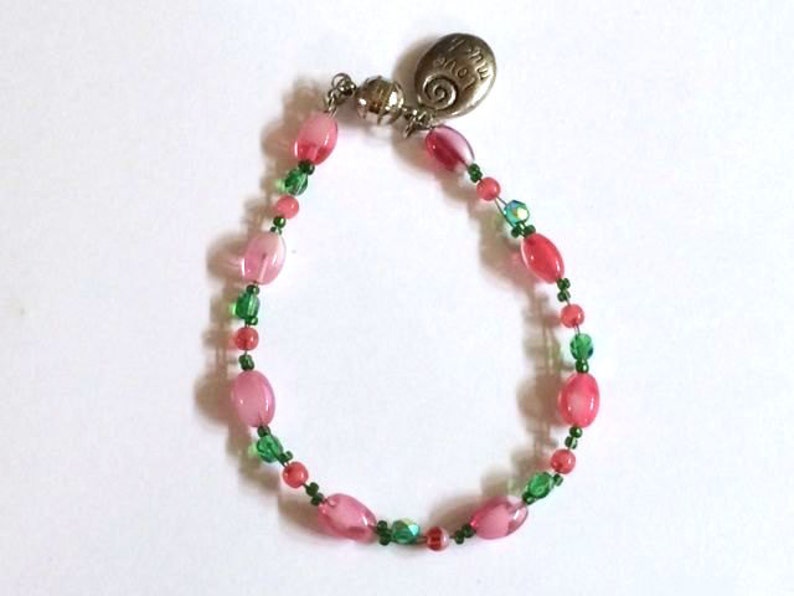 Beaded Pink and Green Crystal Bracelet, Pastel Lime and Mauve Beaded Laugh Often image 3