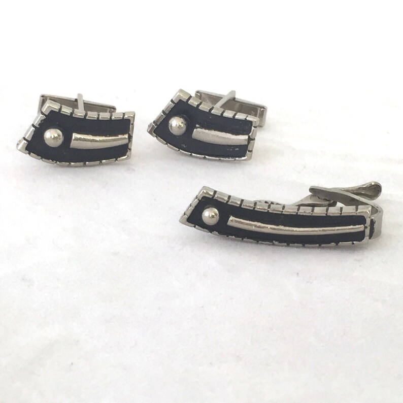 Vintage Art Deco Cufflinks and Tie Bar Set Mid Century Modern Etsy