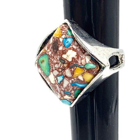 Colorful Tilted Square Ring Silver Tone Rhombus S… - image 2