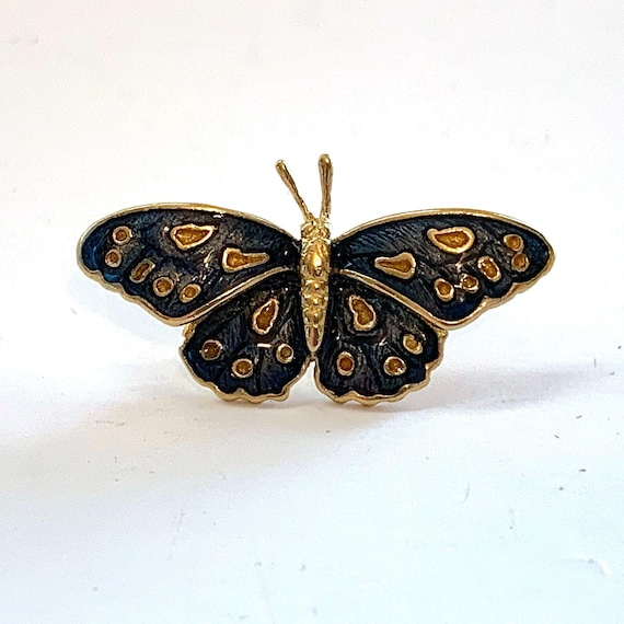 Damascene Style Butterfly Pin Black Enamel Brooch