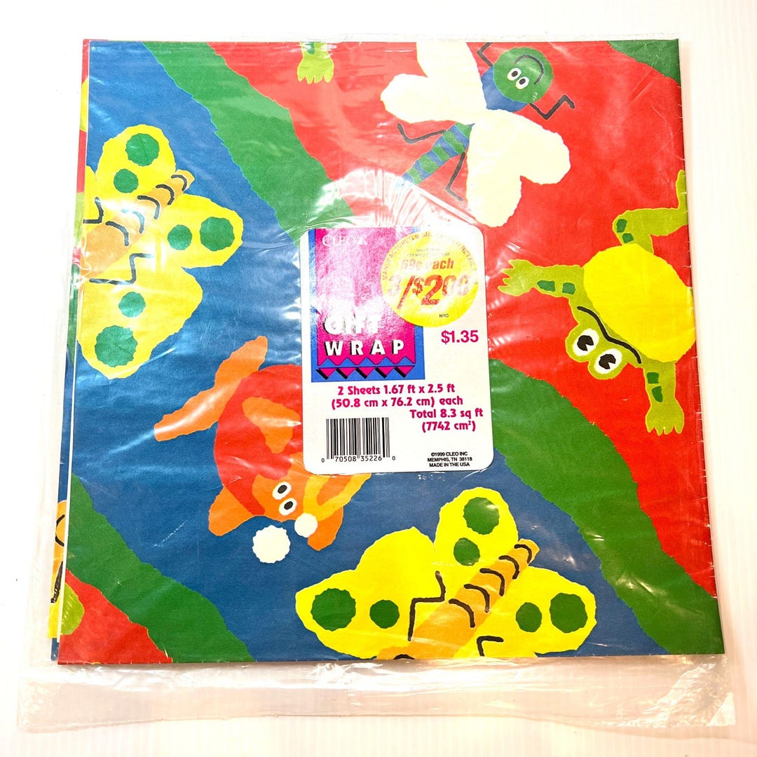 Bugs Butterflies Frog Fish Colorful Flat Wrapping Paper Vintage Cleo ...