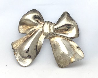 80's Silver Bow Brooch, Silver Tone Tied Ribbon Pin, Large Bold Bow, Retro Eighties Jewelry, Classic Bow Jewelry Puffy Style 80s Jewelry