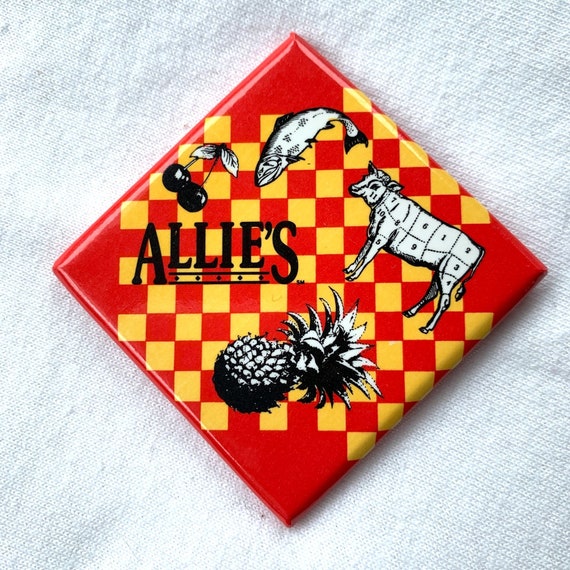 Red Square Allie's Pinback Button Pin Red Yellow … - image 1