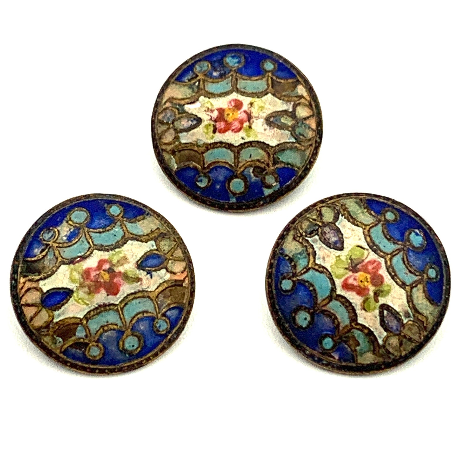 3 Handpainted Cloisonne Enamel Buttons Antique Victorian Etsy