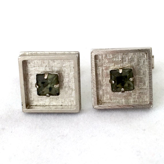 Silver Tone Square Inset Green Stone Cufflinks, S… - image 1