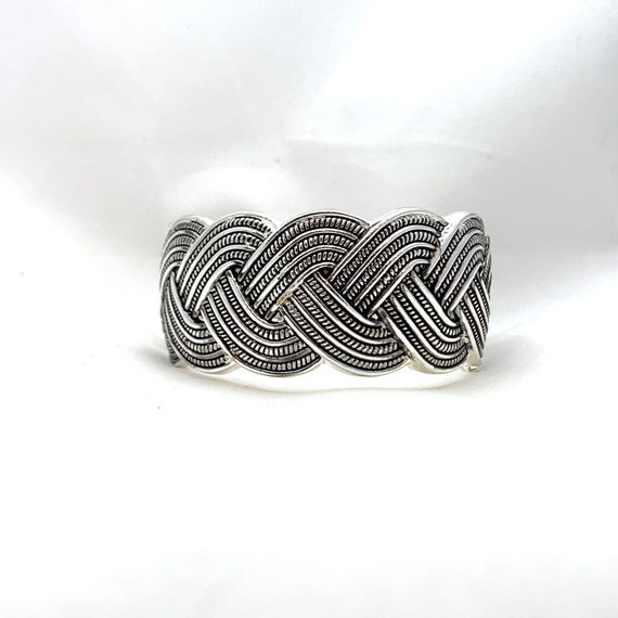 Woven Braided Bracelet Hinged Clamper Silver Tone 