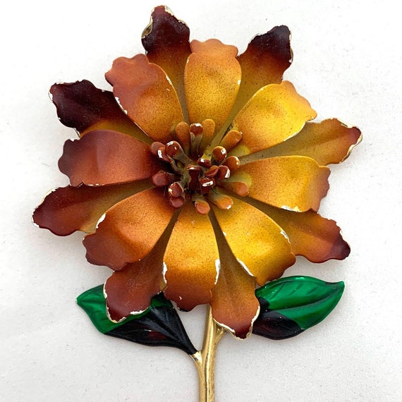 Big Orange 3D Flower Brooch Fall Colors Vintage E… - image 1