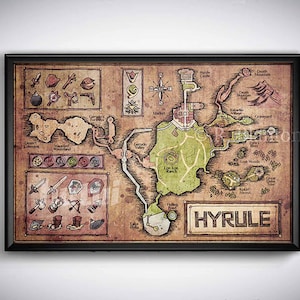 Carte d'Hyrule de Legend of Zelda, Ocarina of Time - anglais ou hylian, carte de Zelda, carte d'Hyrule 11 x 17 ou 13 x 19 ou 17 x 25 ou 24 x 36