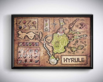 Map of Hyrule from Legend of Zelda, Ocarina of Time - English or Hylian, Zelda Map, Hyrule Map 11x17 or 13x19 or 17x25 or 24x36