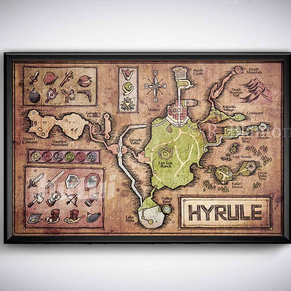 Map of Hyrule from Legend of Zelda, Ocarina of Time - English or Hylian, Zelda Map, Hyrule Map 11x17 or 13x19 or 17x25