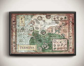 Carte de Termina de Legend of Zelda, Majoras Mask - Anglais ou Hylian, Zelda Map, 11x17 ou 13x19 ou 17x25